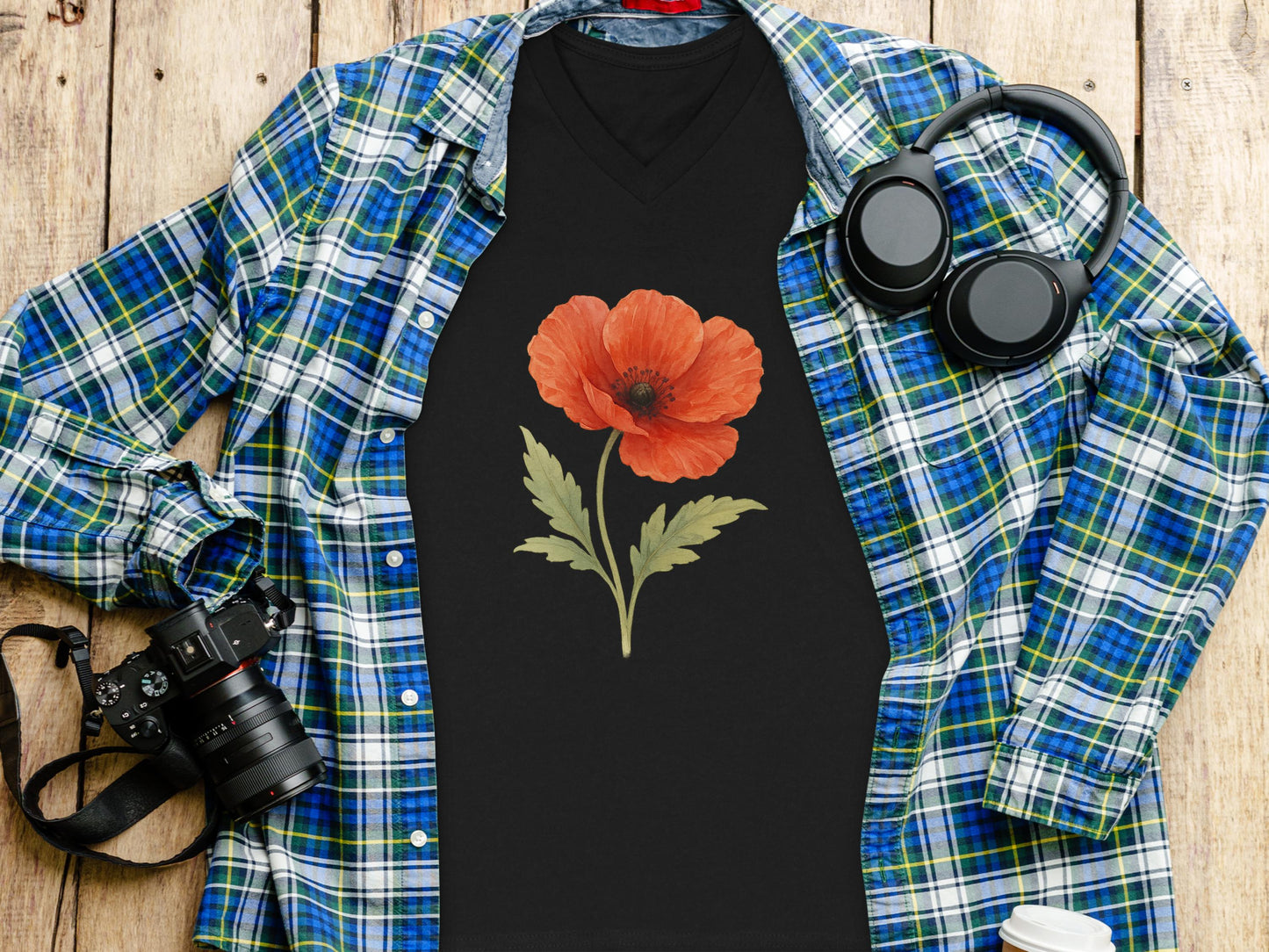 Vibrant Red Flower Design on Black Shirt product type
