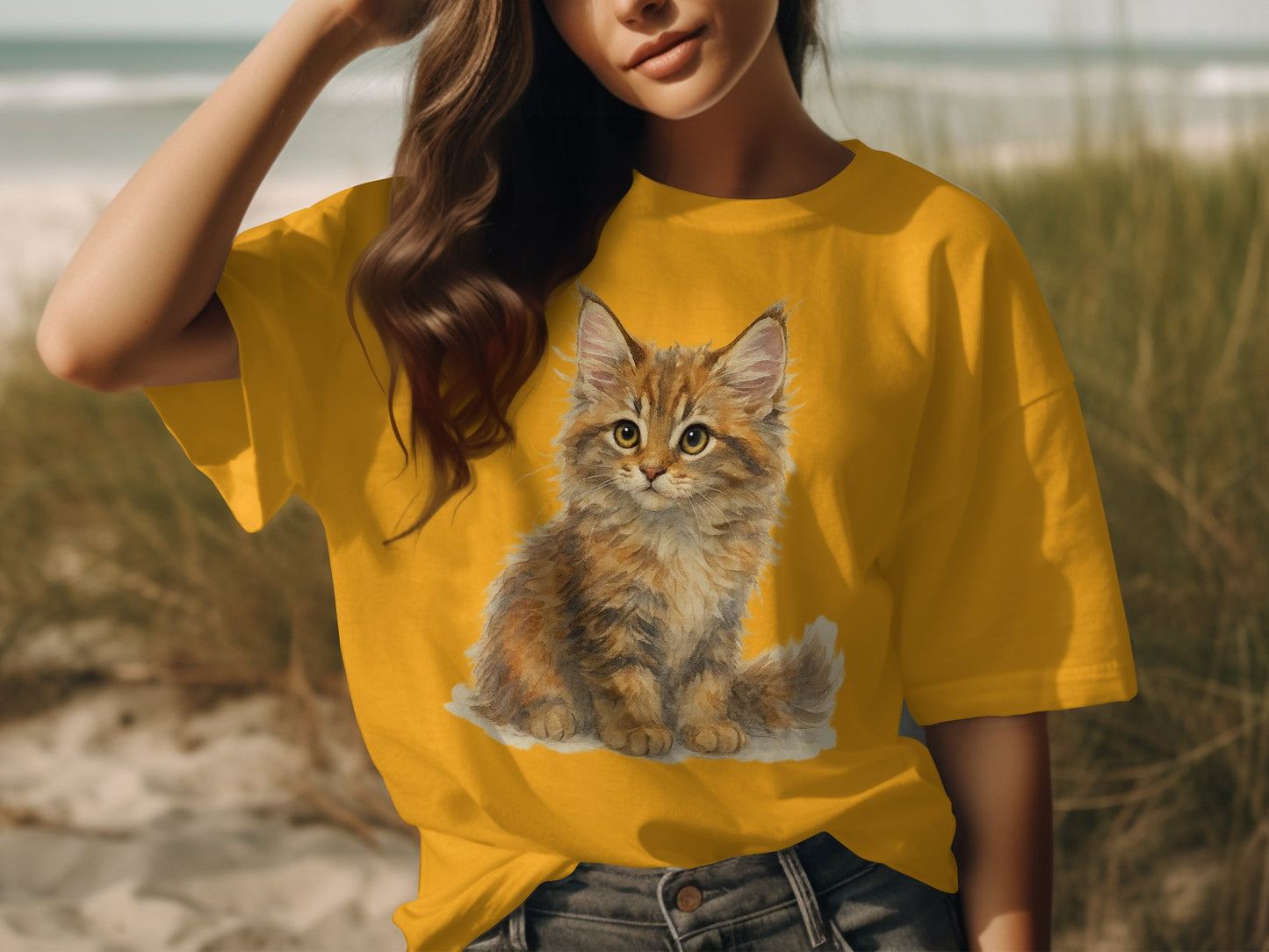 Cute Fluffy Kitten Print on Yellow T-shirt product type