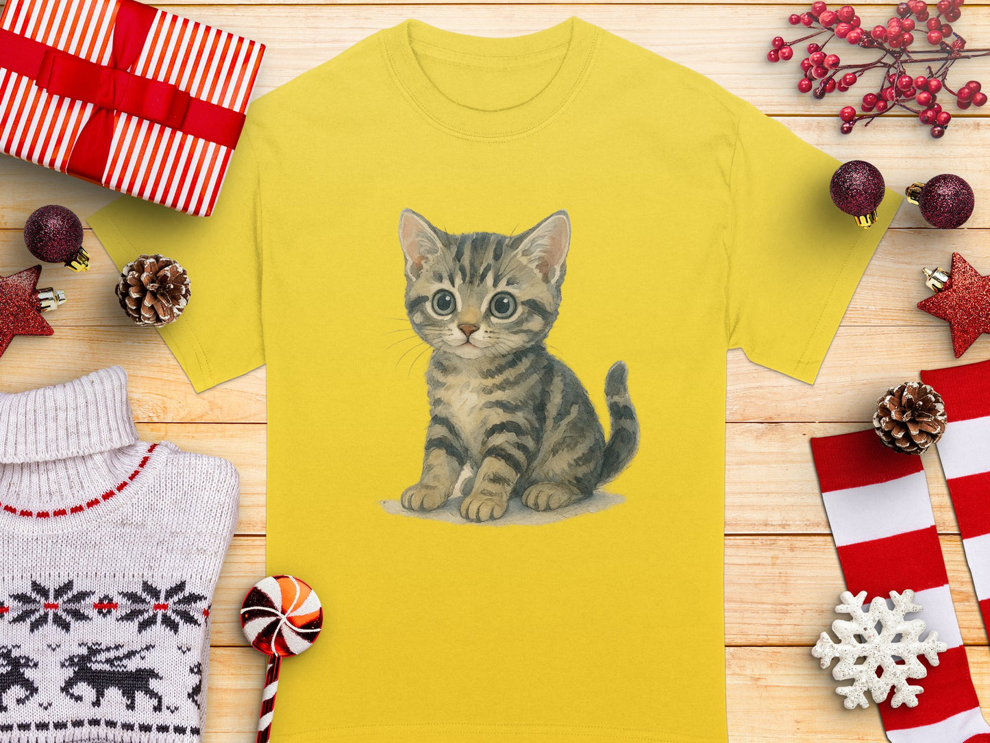 Cute Kitten Design on Yellow Background T-Shirt Product