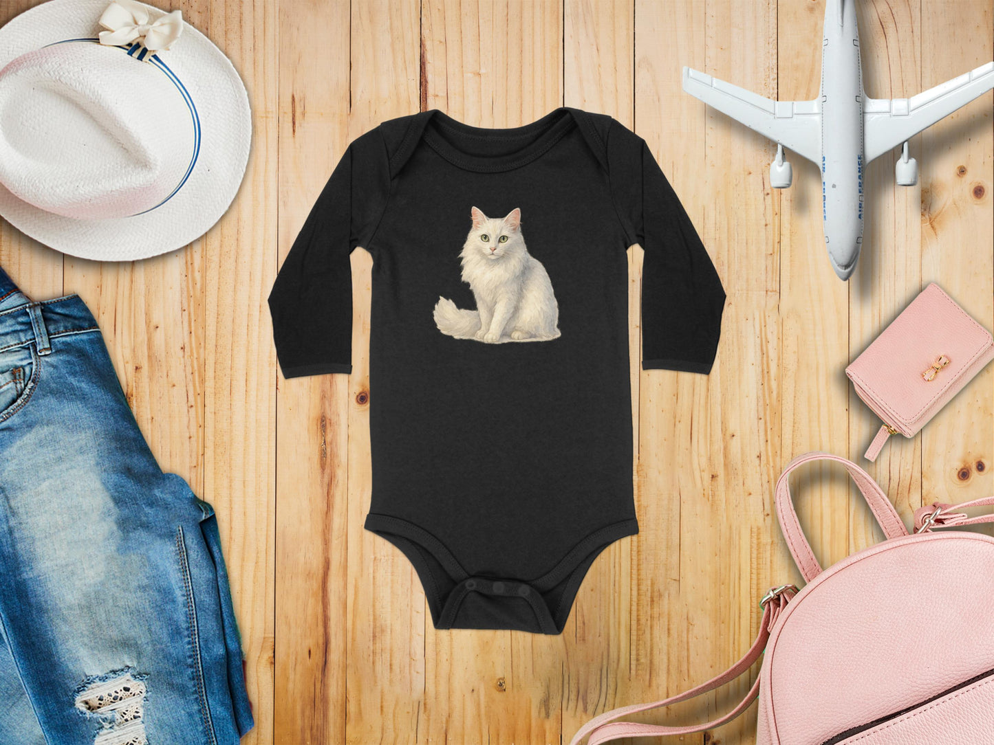 Cute White Cat Print Black Baby Onesie Product