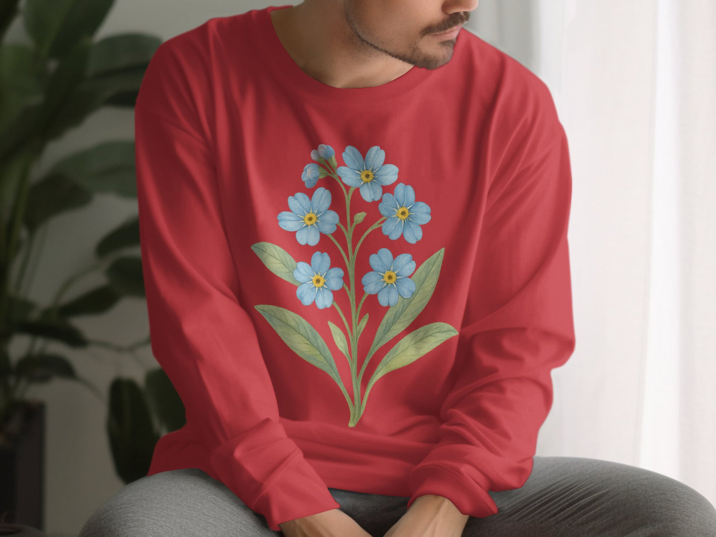 Vibrant Blue Floral Design Red Long Sleeve Shirt product