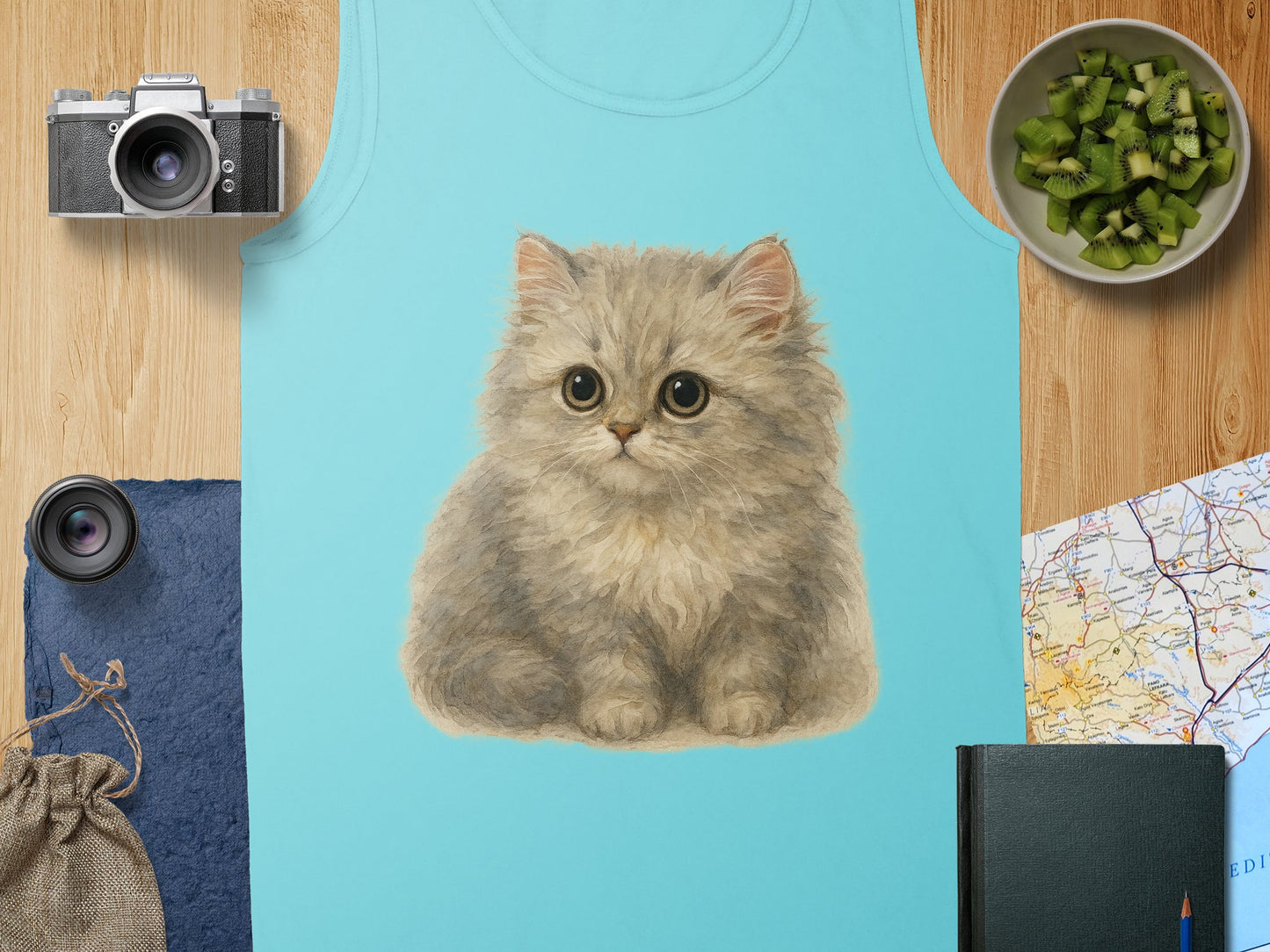 Cute Fluffy Cat Print Blue Tank Top Stylish product
