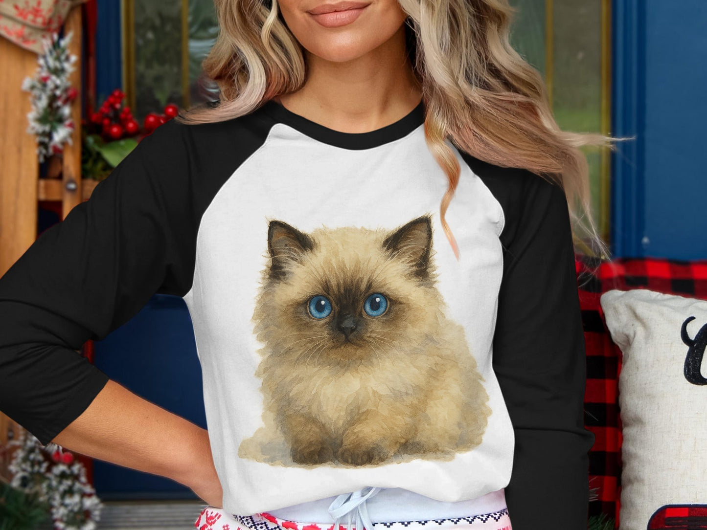 Cute Fluffy Siamese Kitten Print Baseball Tee product