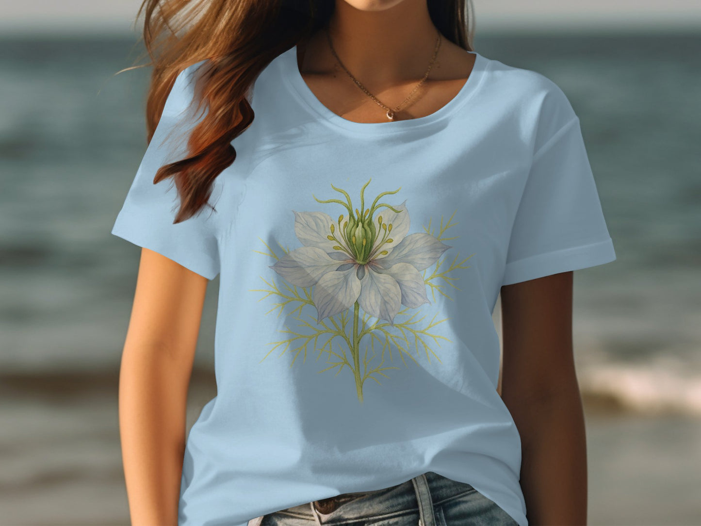 Elegant Blue T-shirt with Intricate Floral Design product type