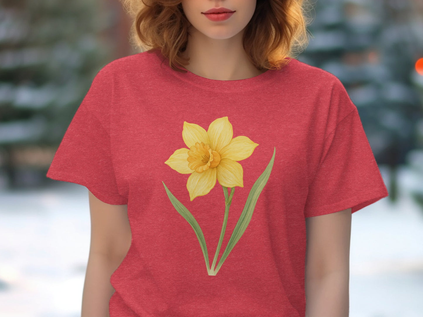 Bright Yellow Daffodil Graphic on Red T-shirt Product
