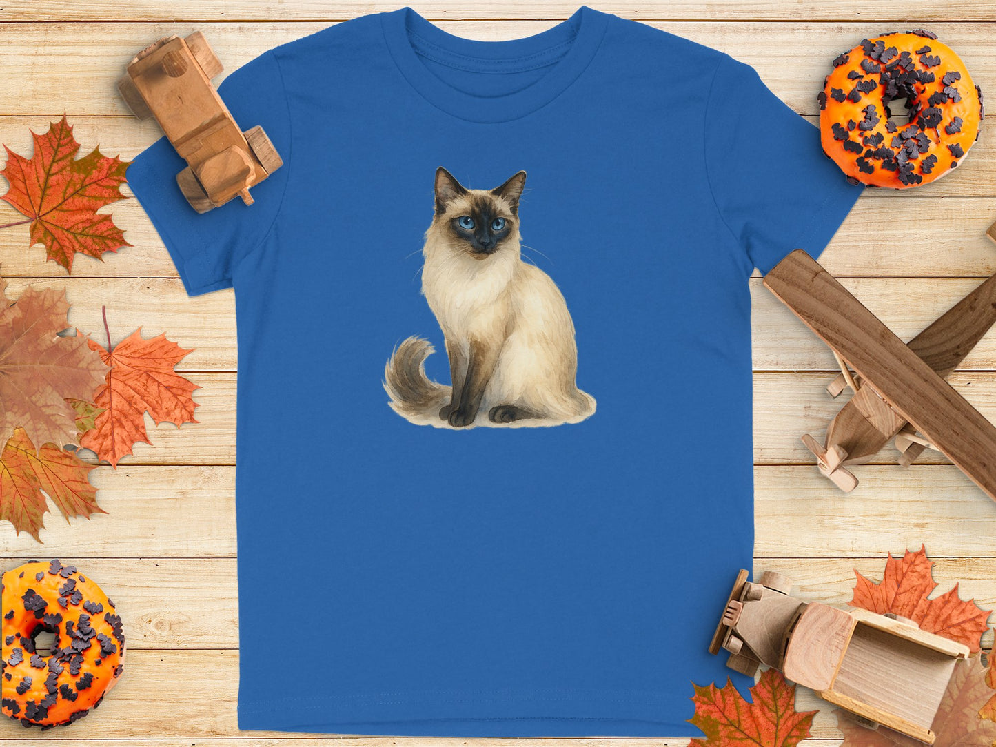 Cute Sitting Siamese Cat Print on Blue T-shirt product