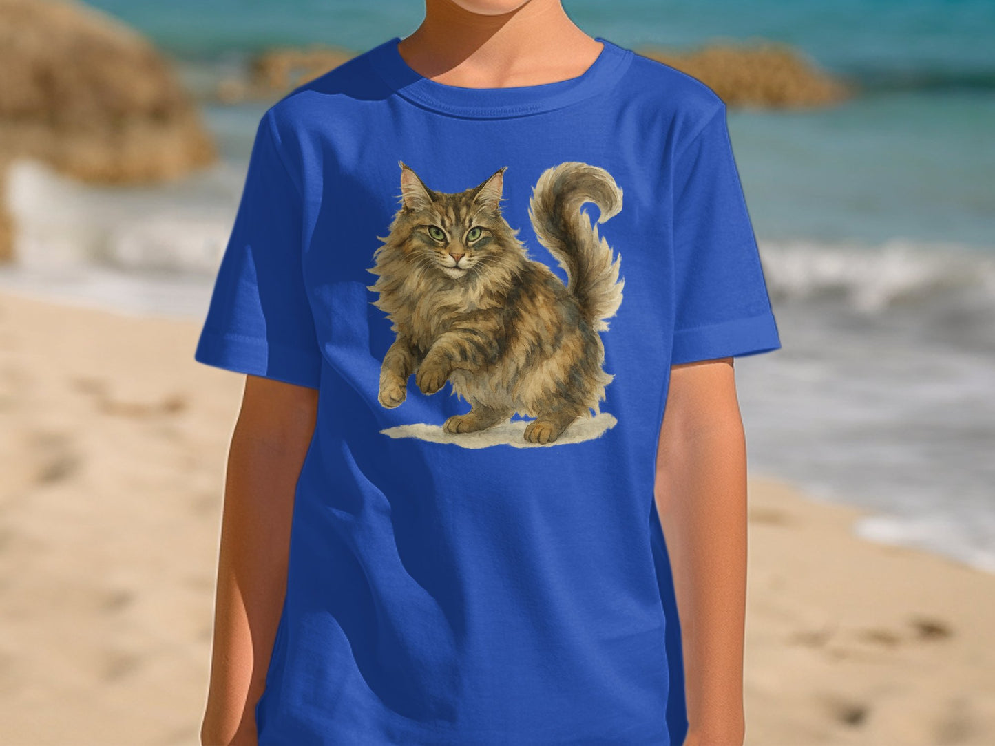 Blue T-shirt with Realistic Cat Print Design product type