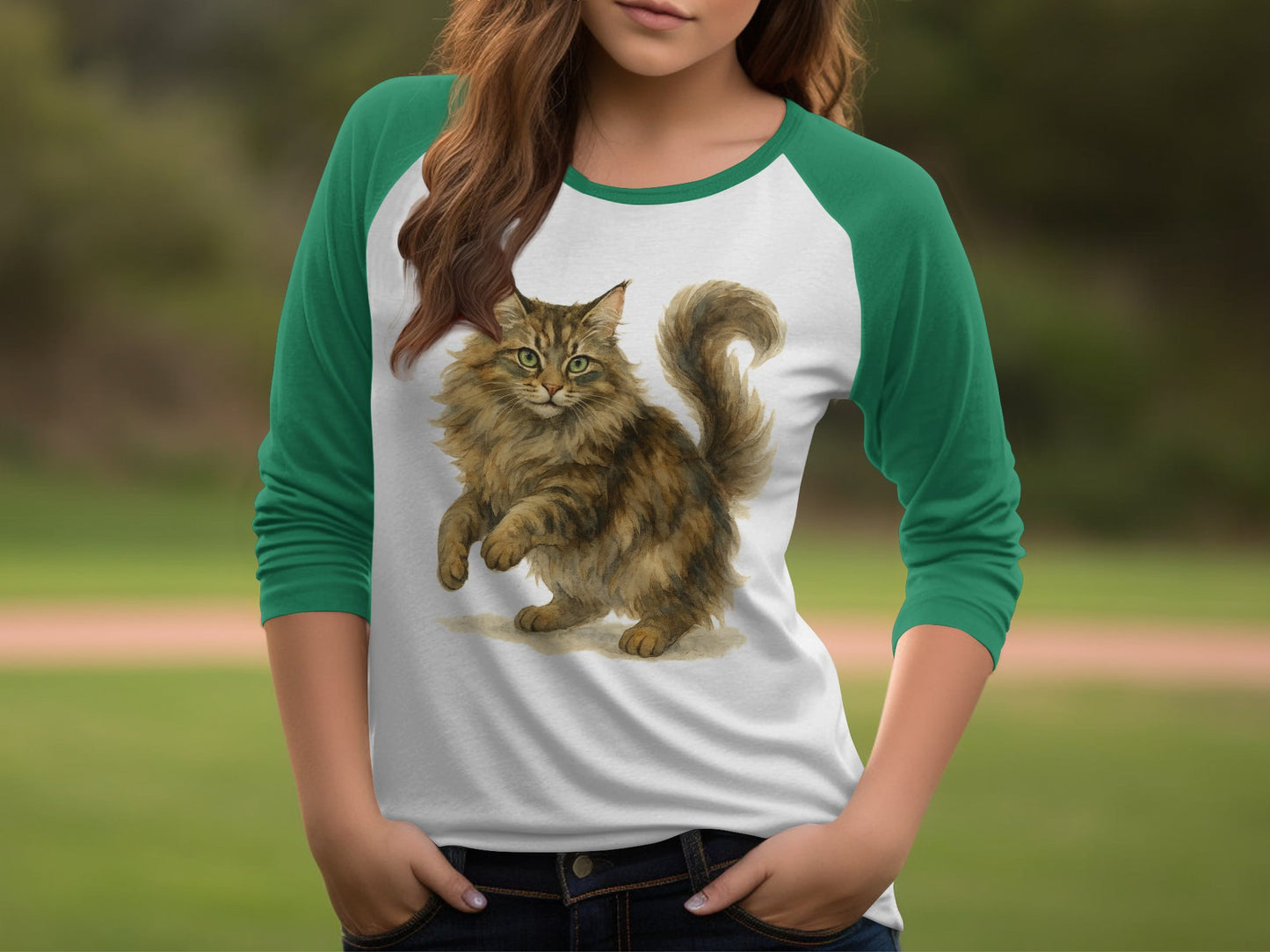 Playful Cat on Green Sleeves Women's Raglan Shirt product