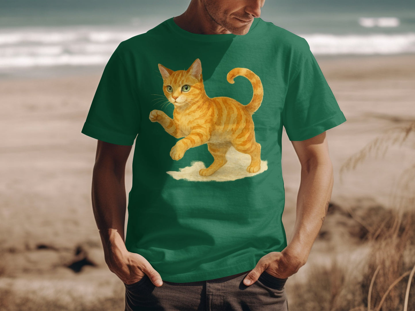 Playful Orange Cat Design Green T-Shirt product type