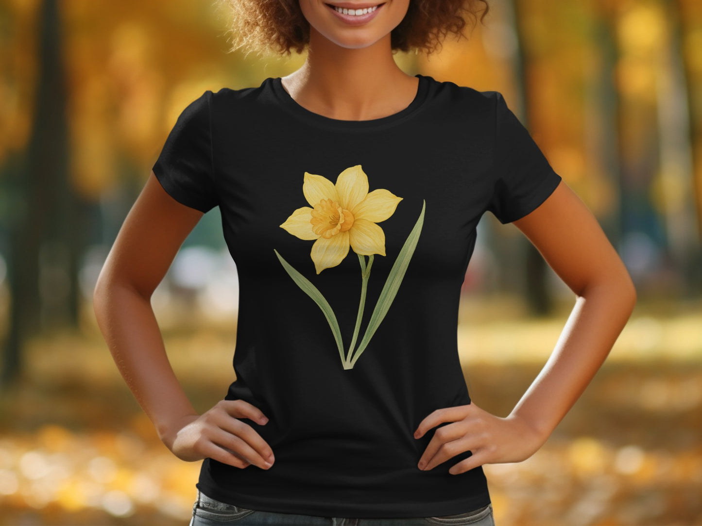 Charming Yellow Daffodil Design on Black Shirt product