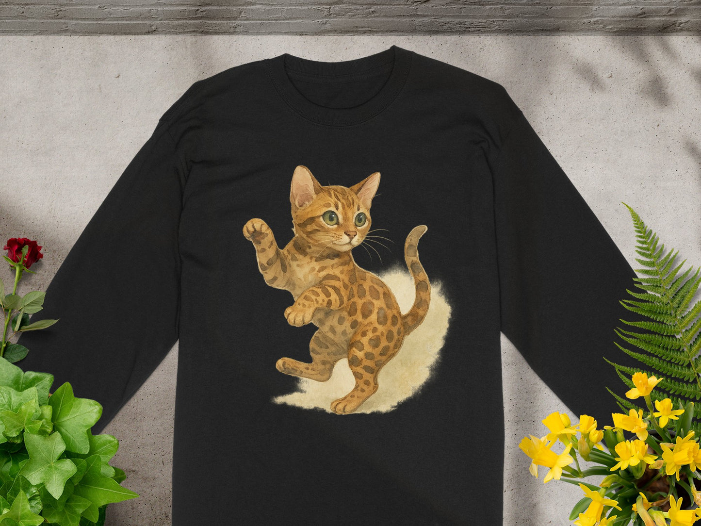Cute Playful Kitten Design on Black Long Sleeve product type