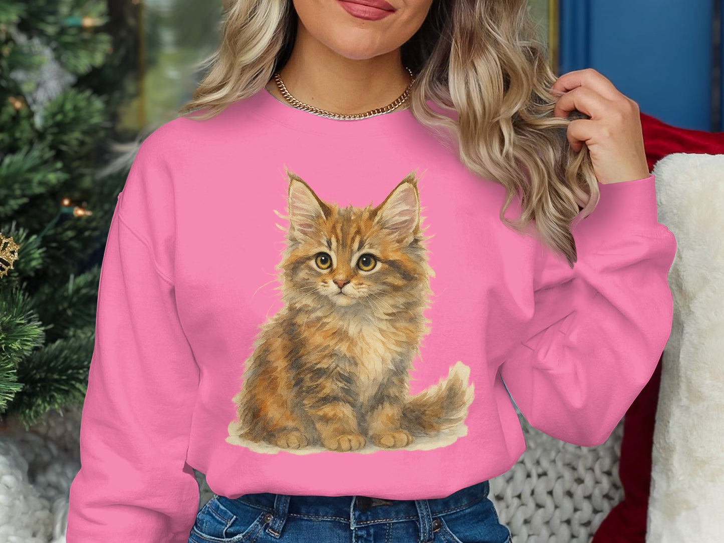Adorable Fluffy Kitten Print on Pink Sweatshirt product type