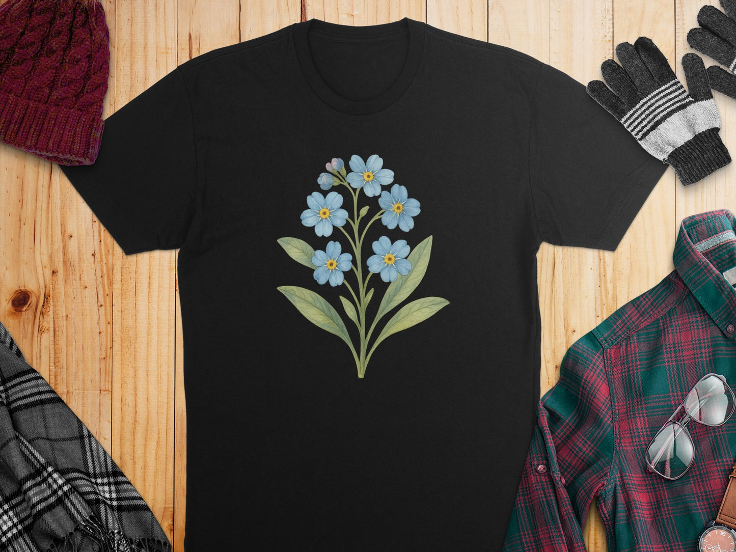 Blue Floral Design Black T-shirt Casual Wear product type