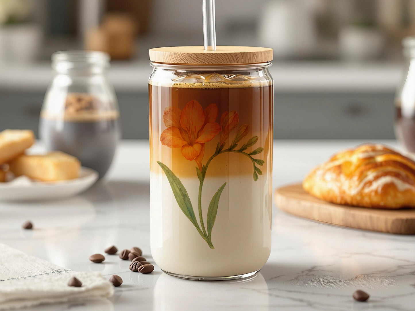 Floral Iced Coffee Glass Jar with Bamboo Lid product type