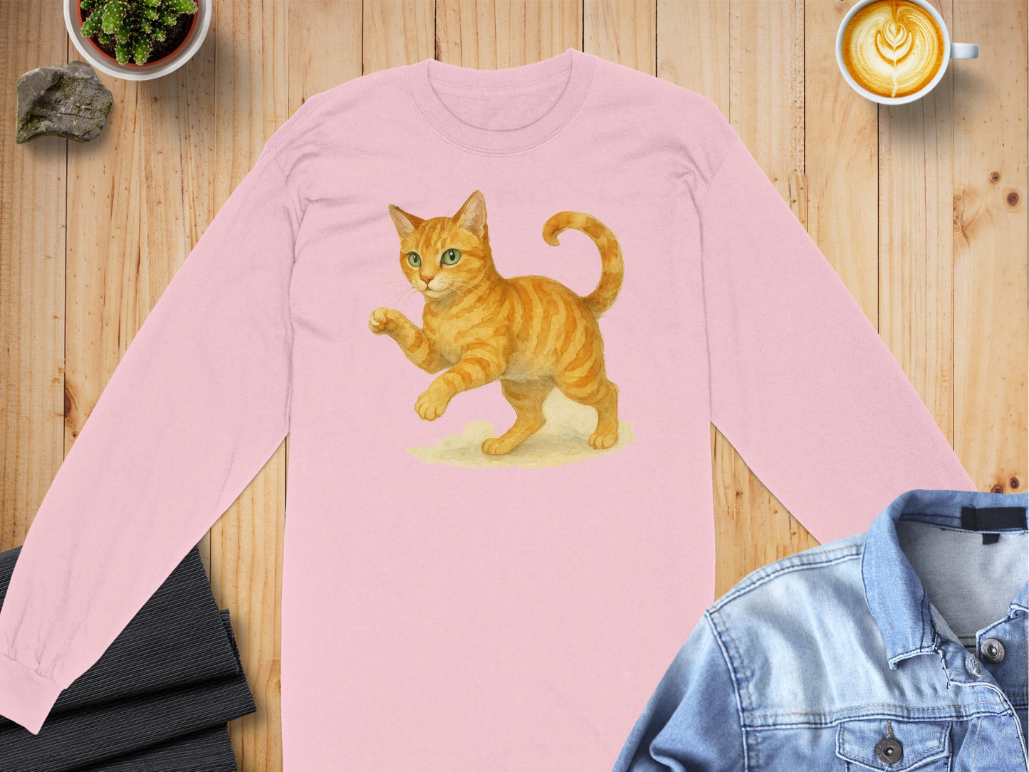 Cat Walking Illustration on Pink Long Sleeve Shirt product type