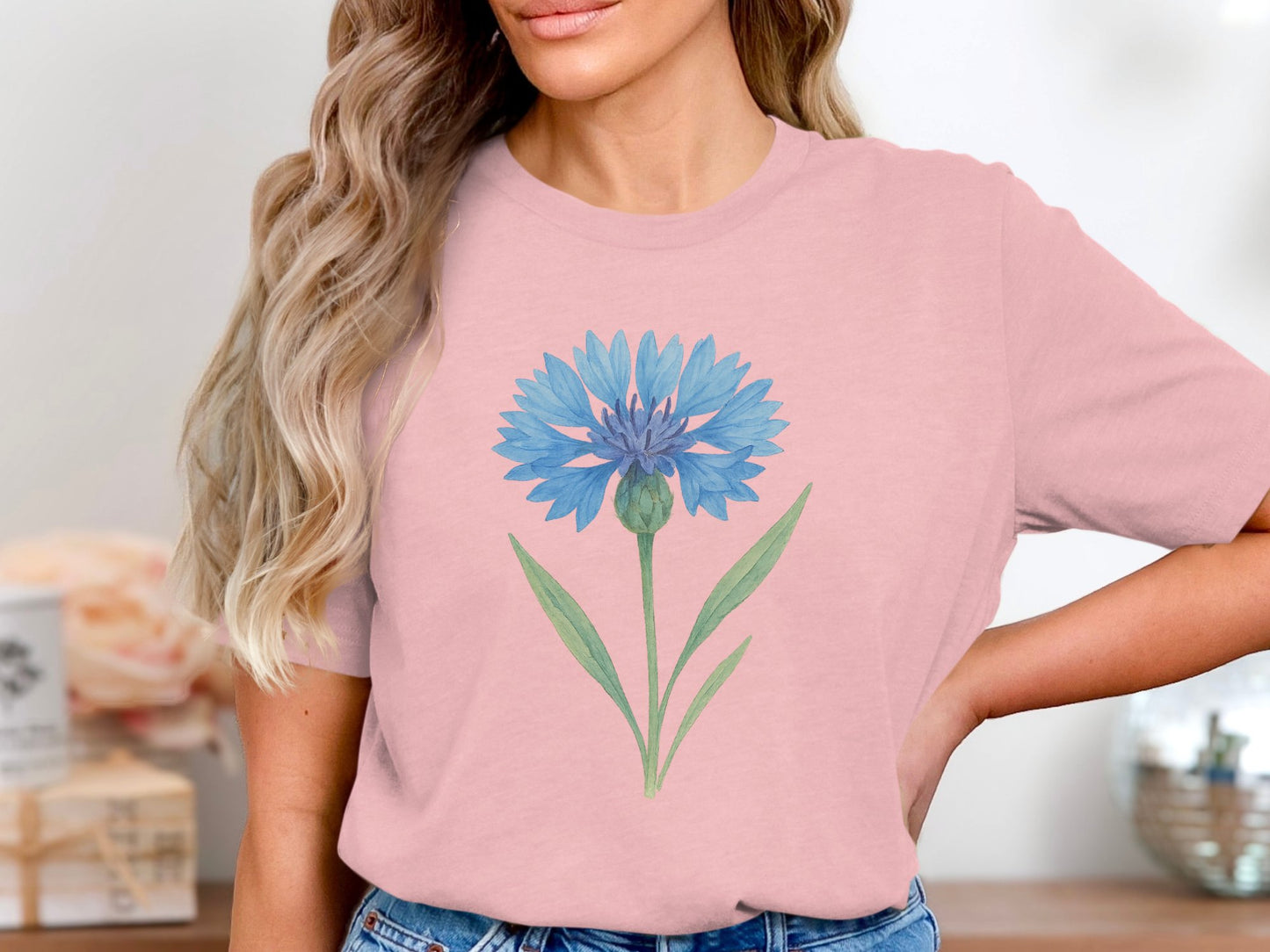Blue Flower Design Pink T-shirt for Nature Lovers product type
