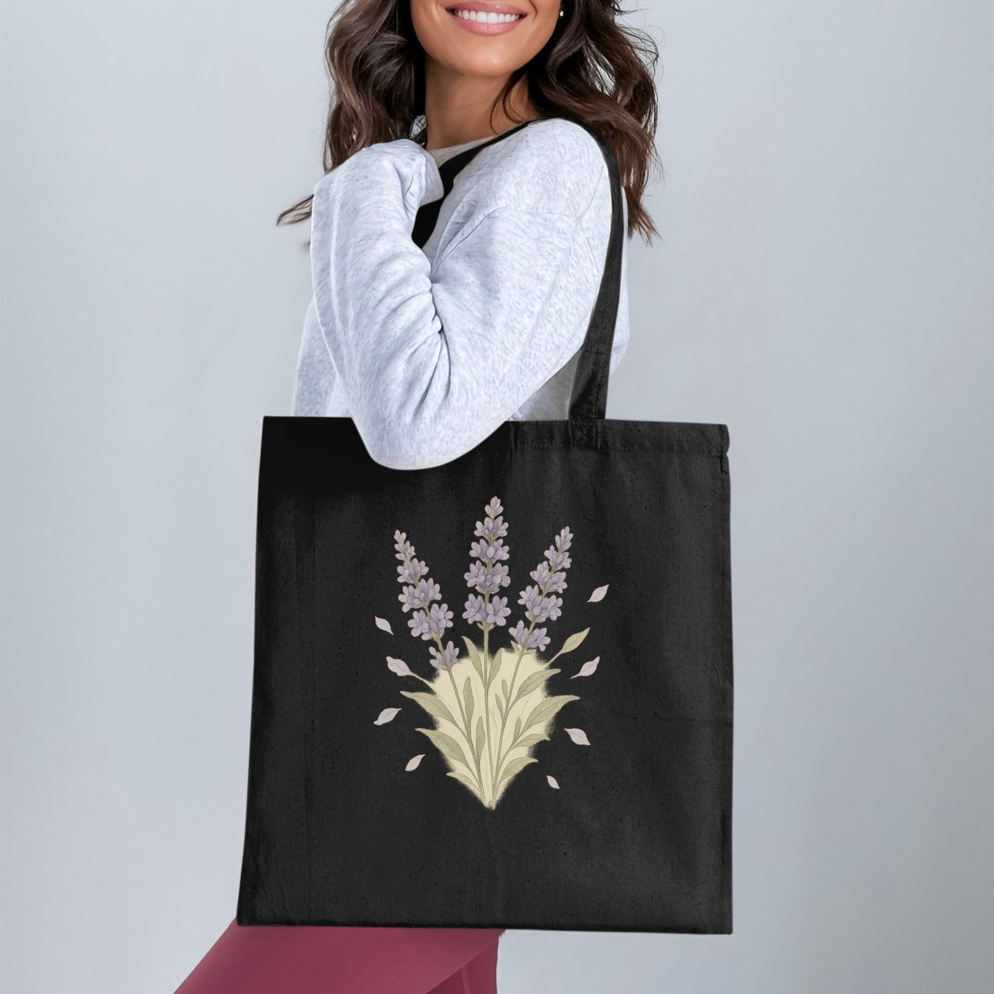 Lavender Flower Design on Black Tote Bag Product