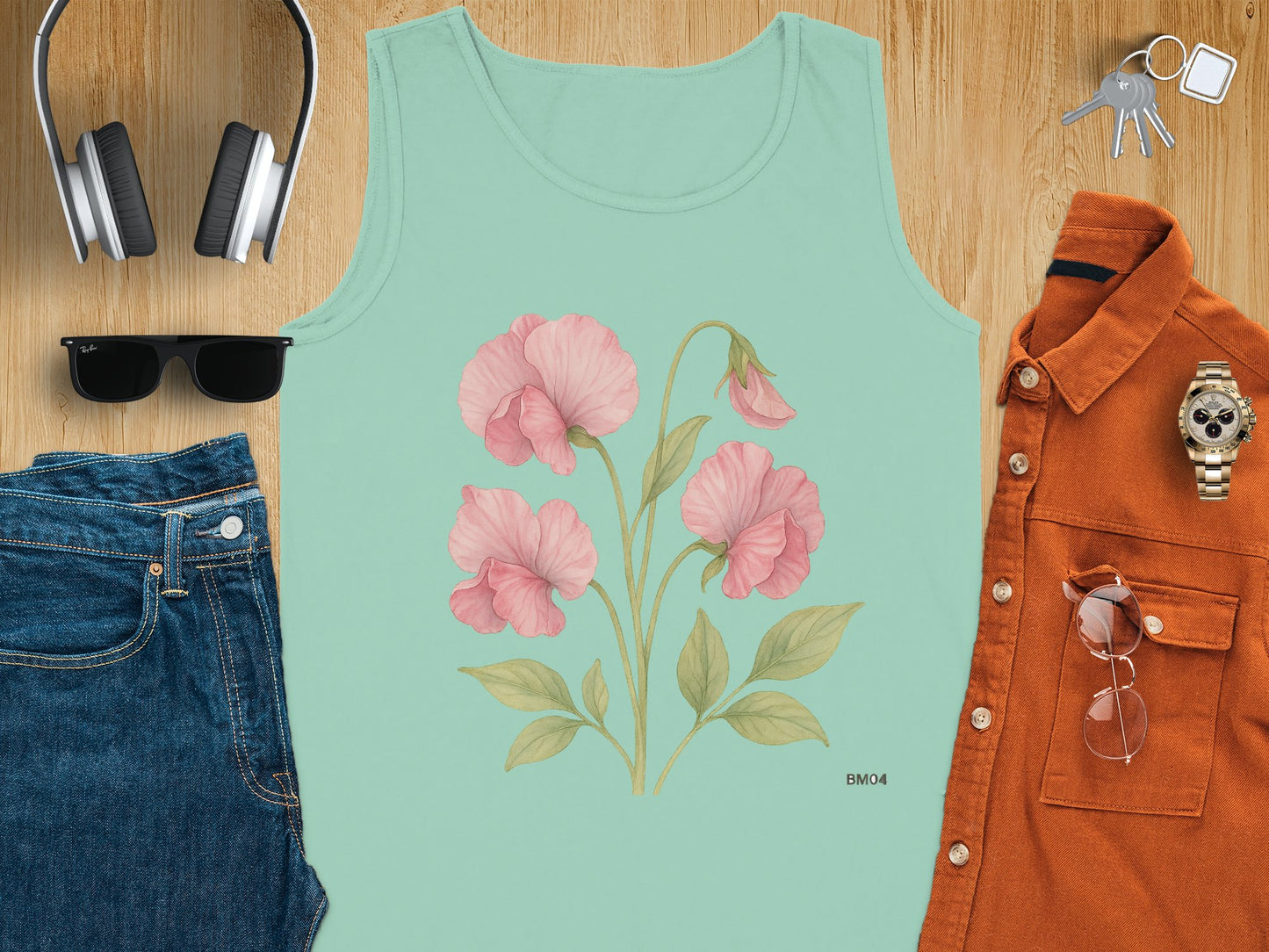 Pink Floral Design on Light Green Tank Top product type