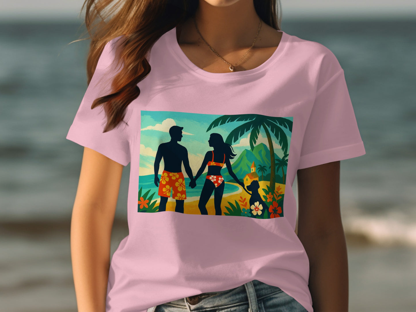 Beach Silhouette Couple Graphic Print T-Shirt product