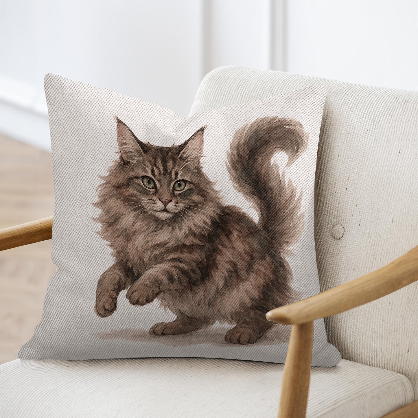 Adorable Brown Fluffy Cat Print Throw Pillow product type