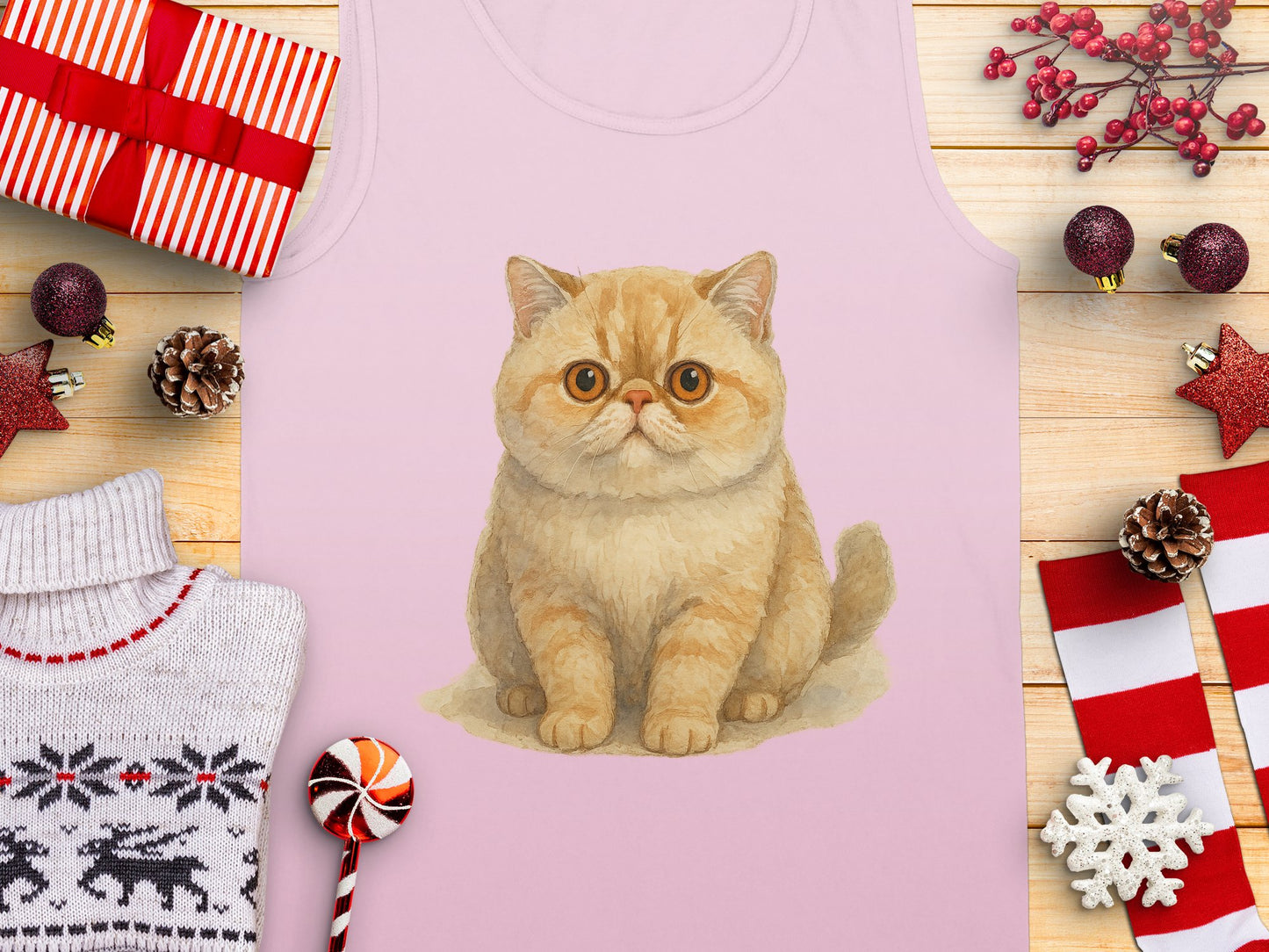 Cute Cat Print on Pink Tank Top Festive Holiday product