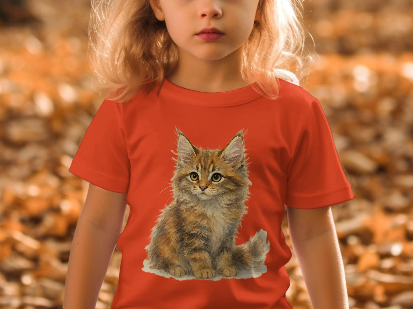 Cute Fluffy Kitten Design on a Kids Red T-Shirt product type