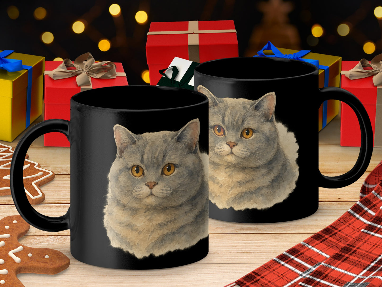 Cute Grey Cat Design Black Mug Perfect Gift product