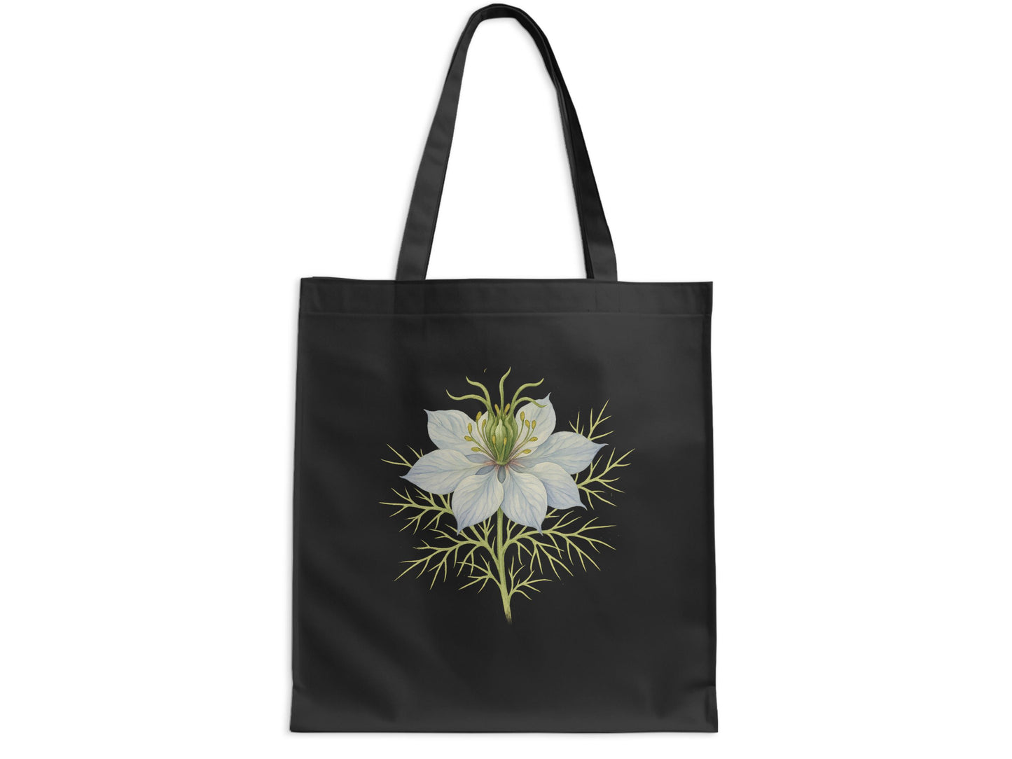 Elegant White Flower Design on Black Tote Bag product type