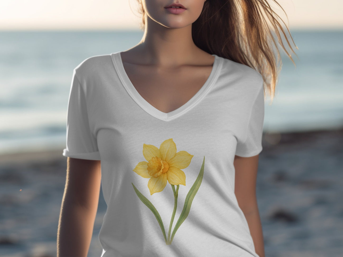 Vibrant Yellow Daffodil Print on White T-shirt product