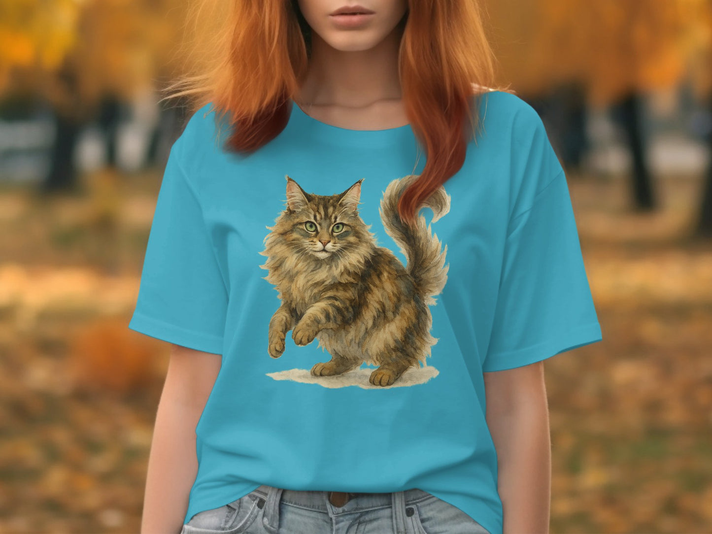 Lifelike Fluffy Cat Print Blue Short Sleeve T-shirt product