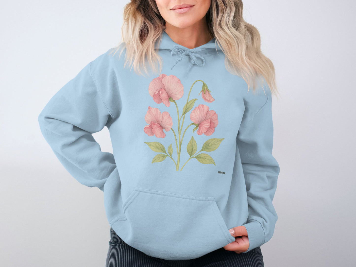 Floral Pastel Blue Hoodie with Pink Sweet Pea Design product