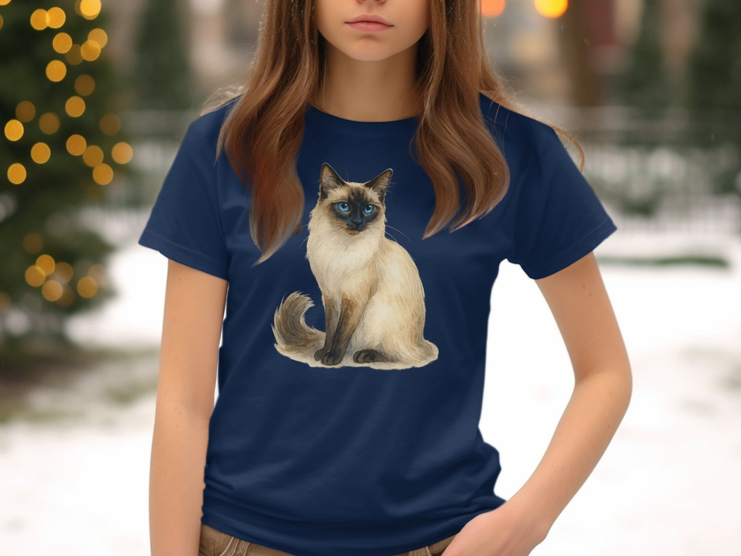 Elegant Siamese Cat Design on Blue T-Shirt product