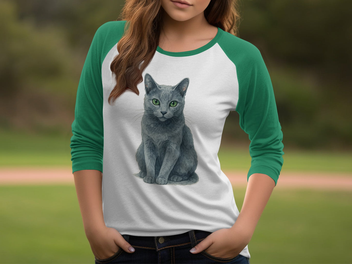 Cute Cat Graphic on Green and White Raglan Sleeve Product