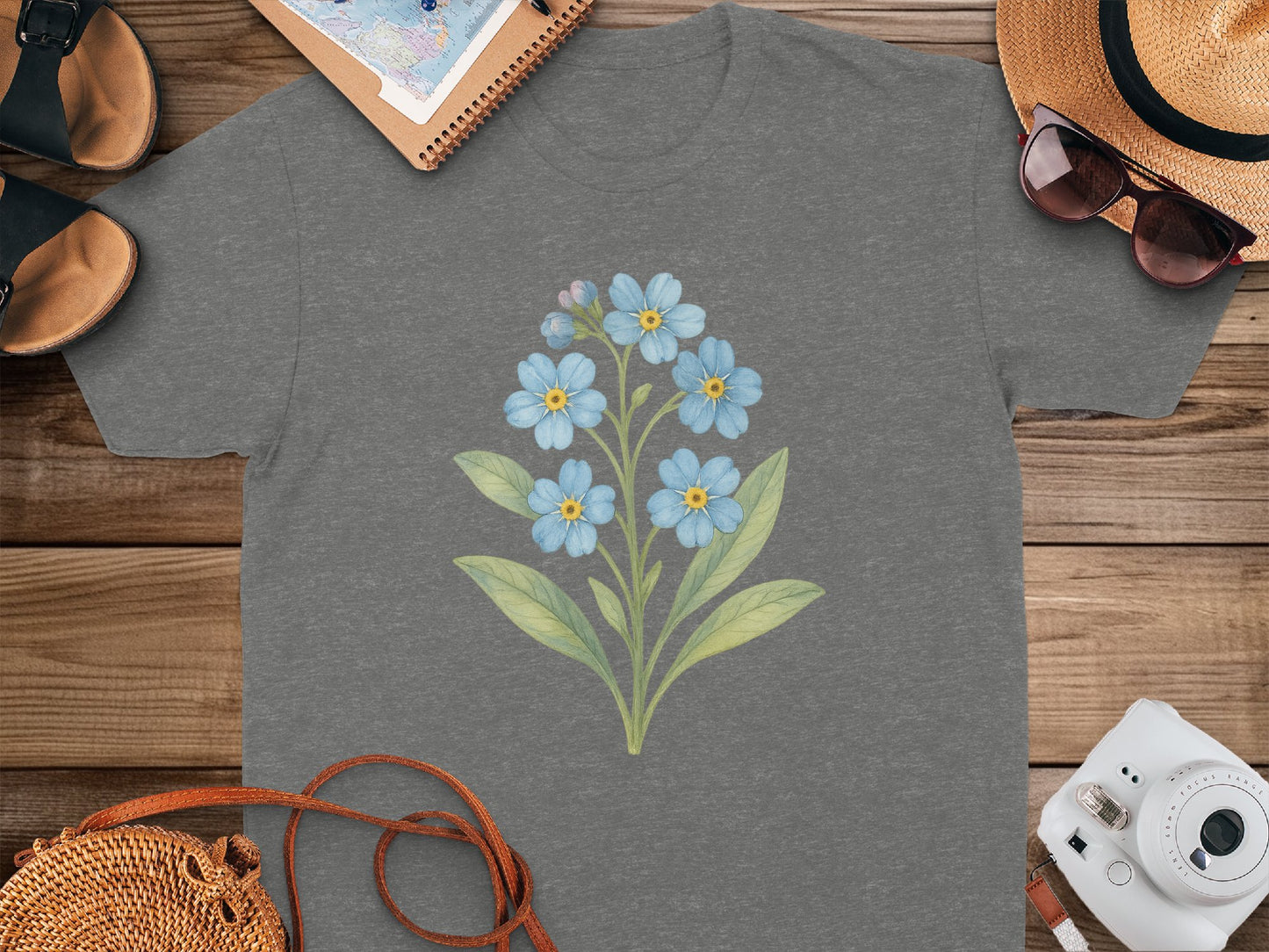 Blue and Yellow Floral Artwork on Grey T-Shirt product type