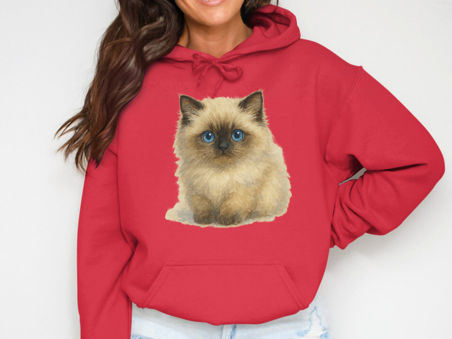 Cute Cat Print Red Fleece Hoodie for Women product