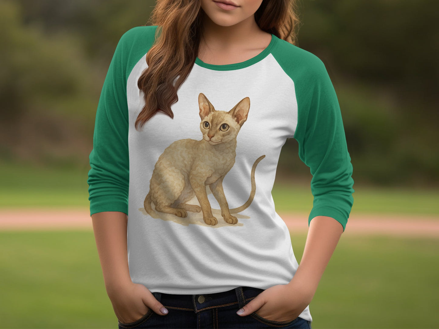Adorable Cat Illustration on Green Sleeves Tshirt product