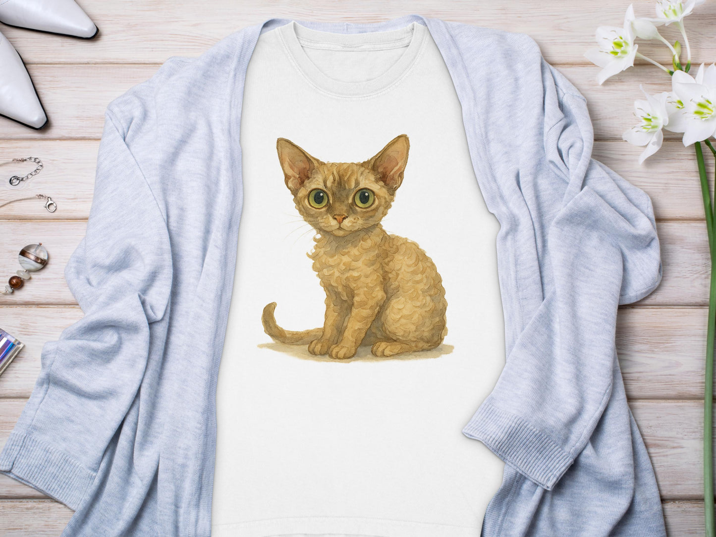 Adorable Curly-Haired Cat Illustration Apparel Product Type
