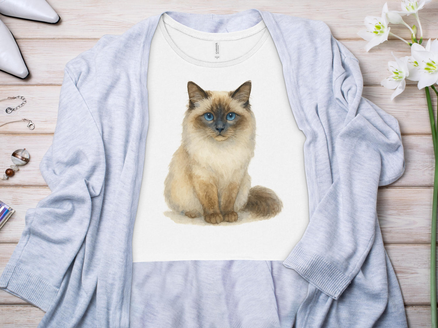 Adorable Fluffy Cat on White Shirt Cute fashion product