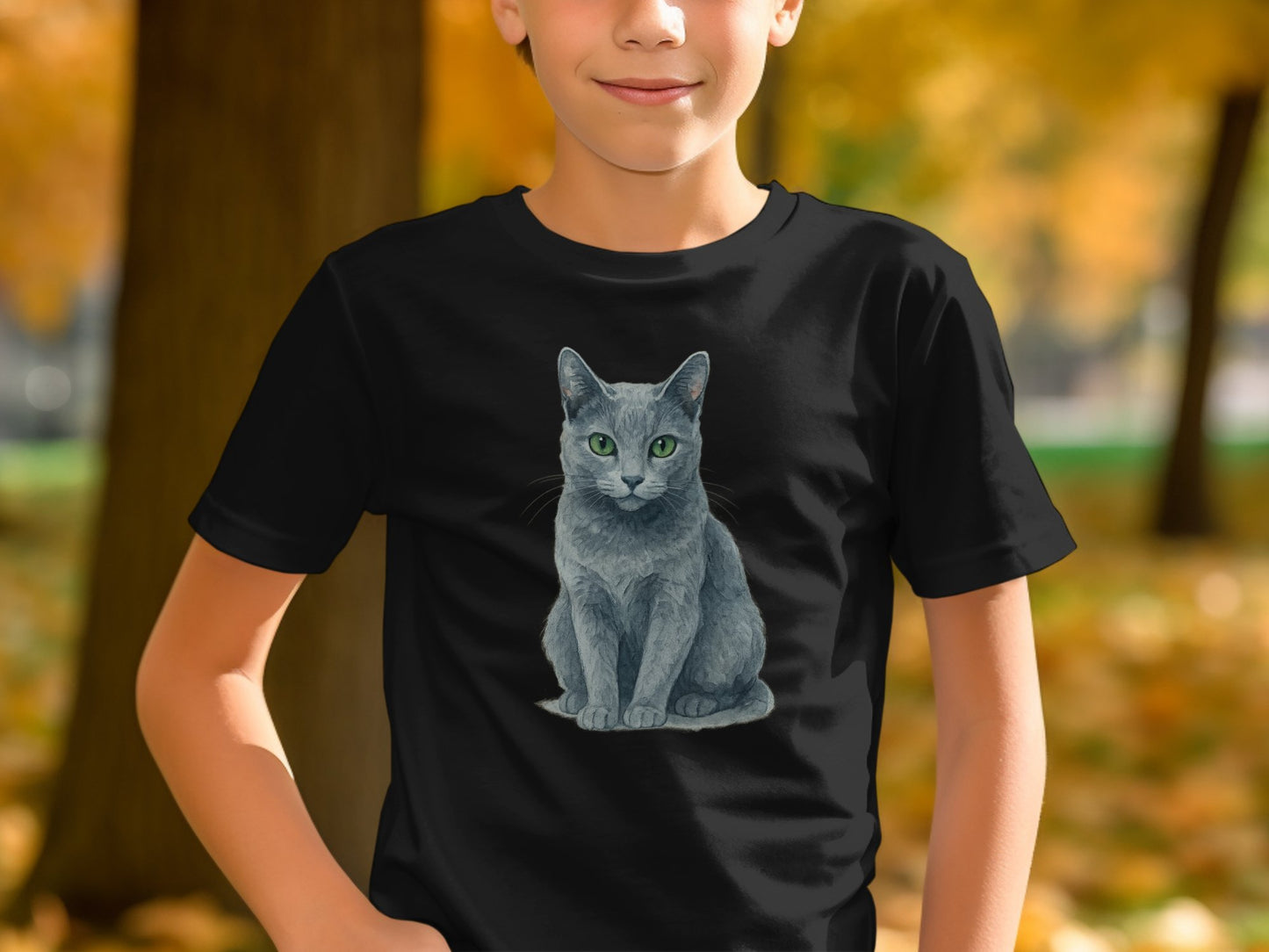 Realistic Grey Cat Print Black T-Shirt product
