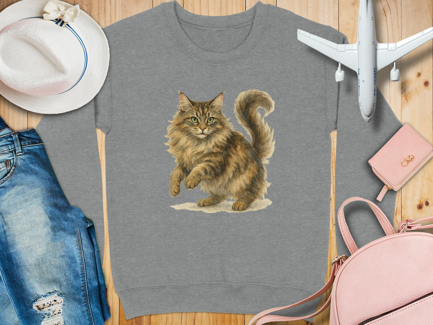 Cute Fluffy Cat Artwork on Gray Sweatshirt product type
