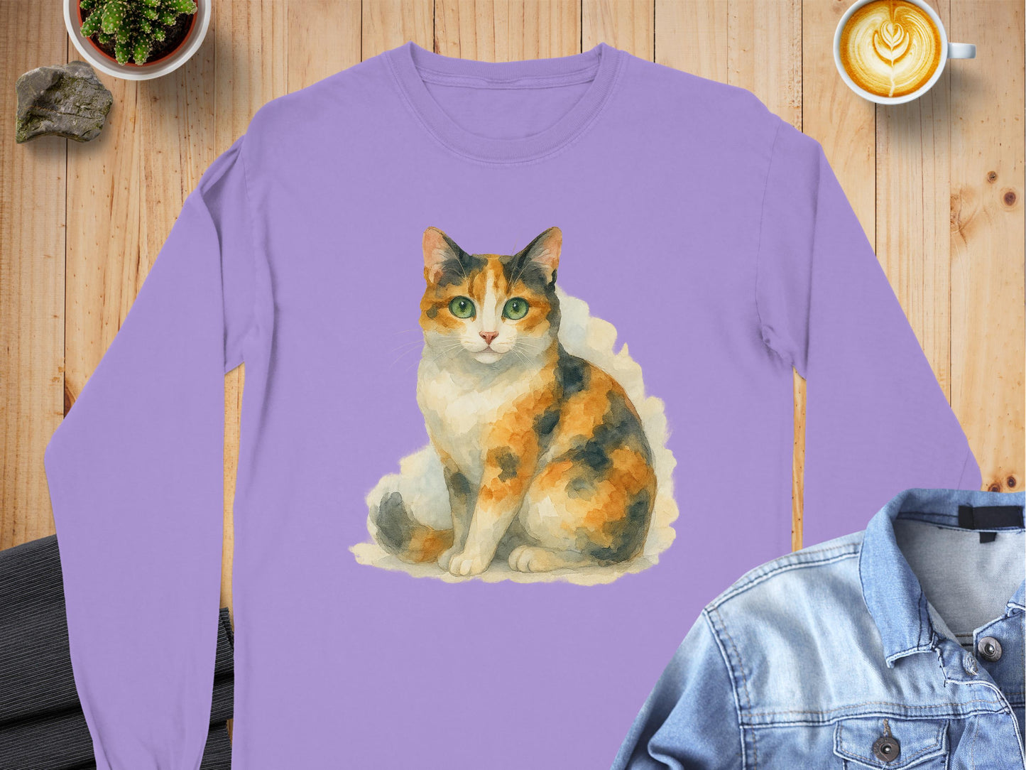 Vibrant Cat Illustration on Purple Long Sleeve Shirt product