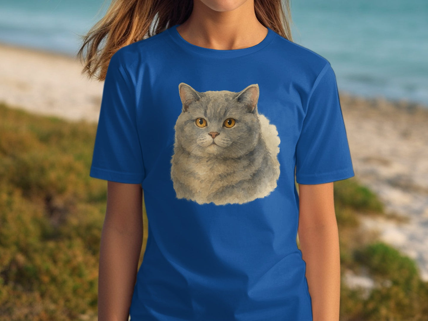Adorable Cat Face Printed on Blue TShirt Product Type