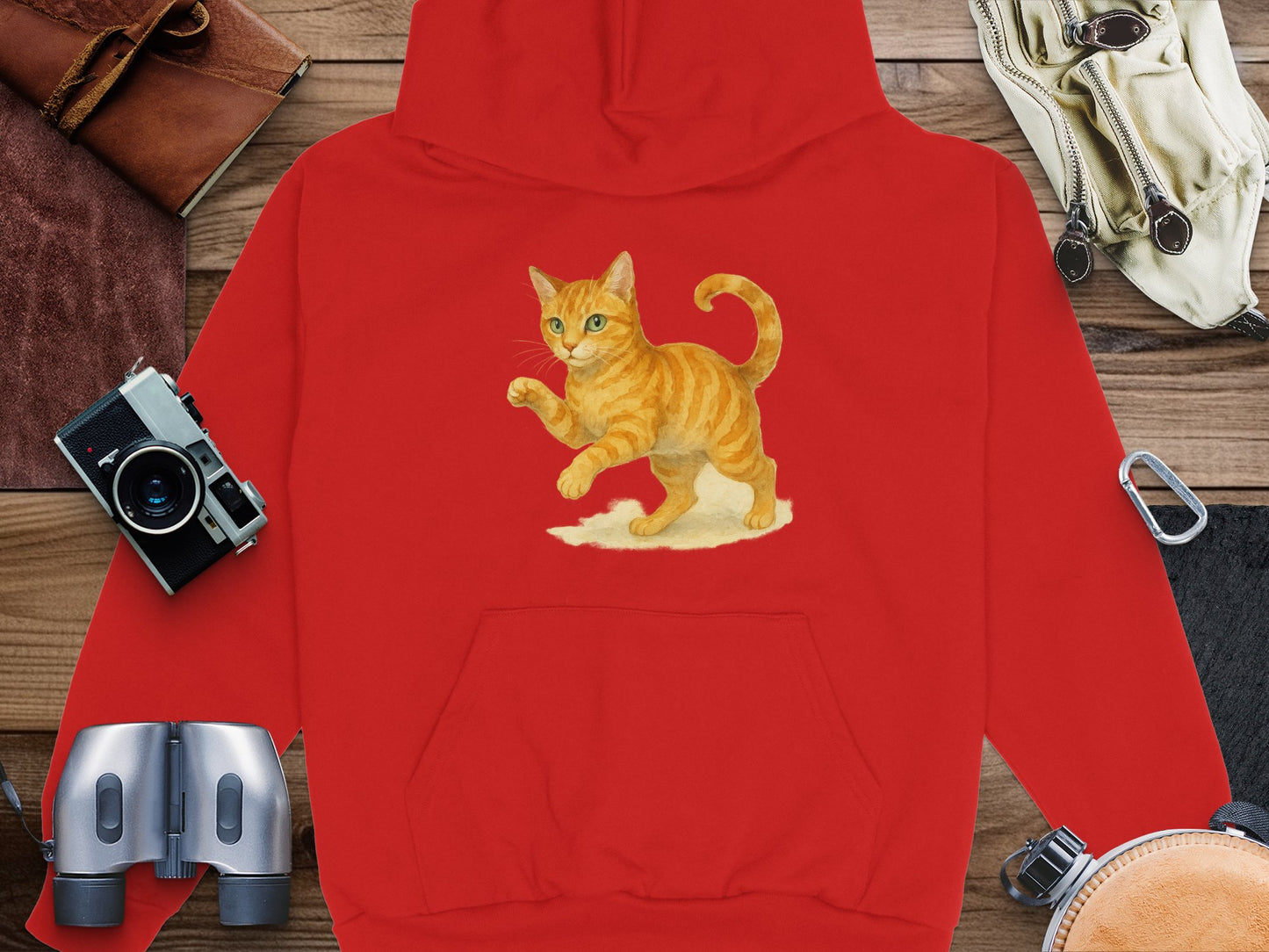 Adorable Orange Kitten Print Cozy Red Hoodie product