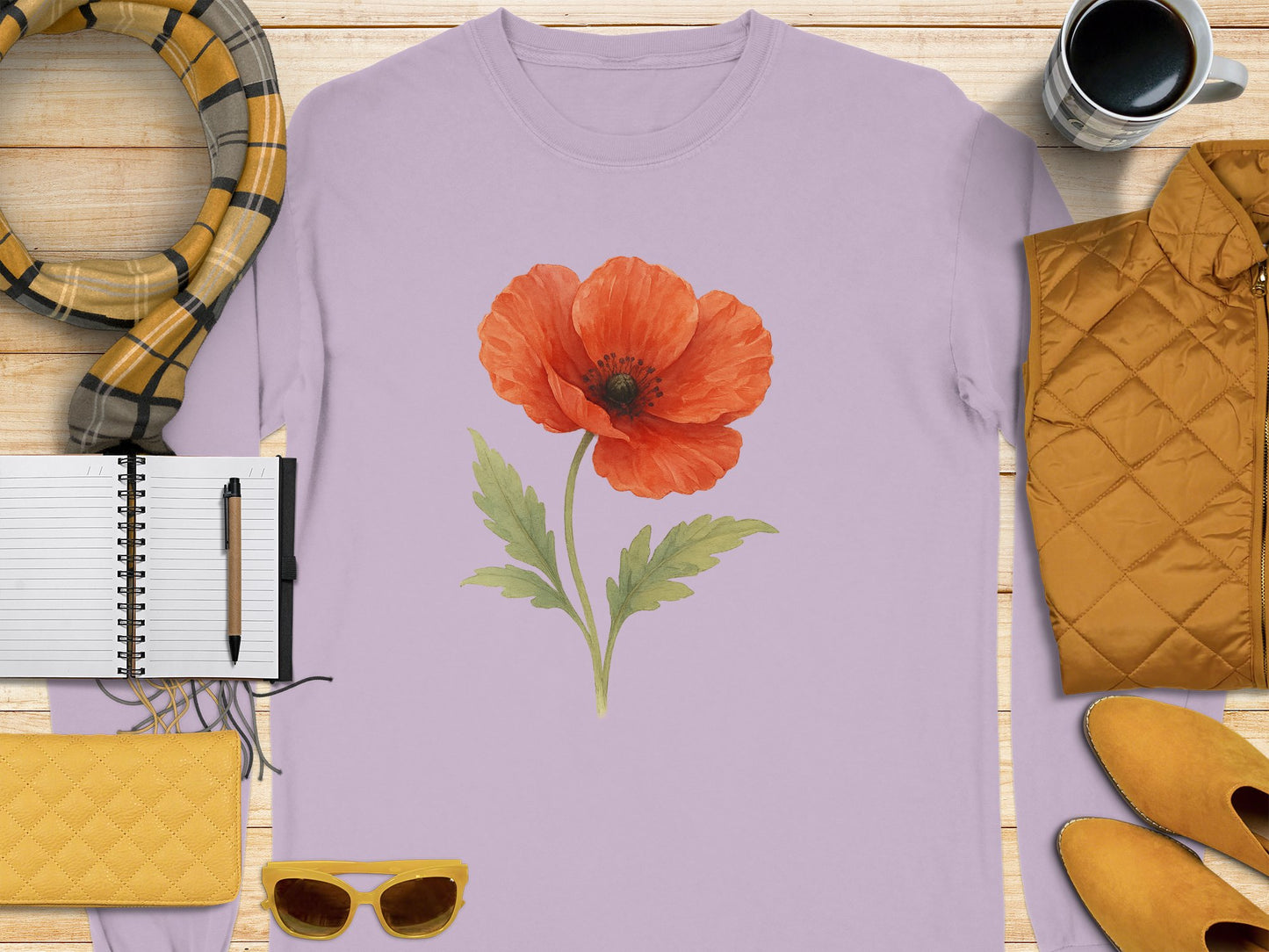 Vibrant Red Poppy Flower Graphic on Lavender Shirt product