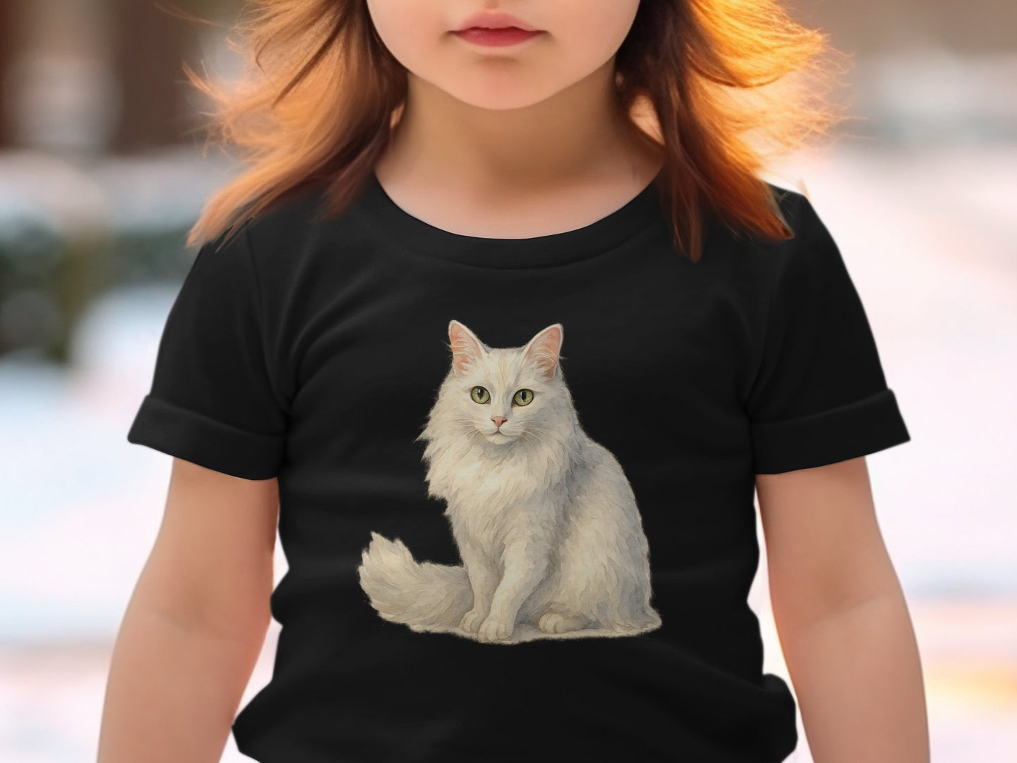 Realistic Fluffy White Cat Print on Black Shirt product