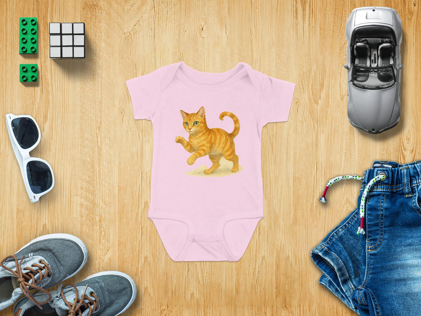 Cute Orange Kitten Print Pink Baby Onesie Clothing product