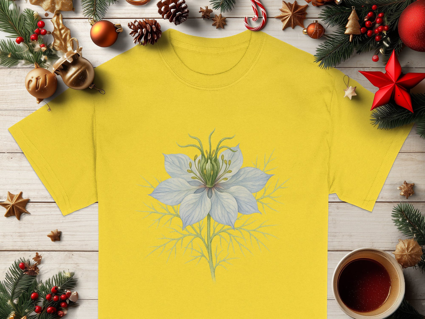 Botanical Flower Print on Yellow Christmas T-Shirt product