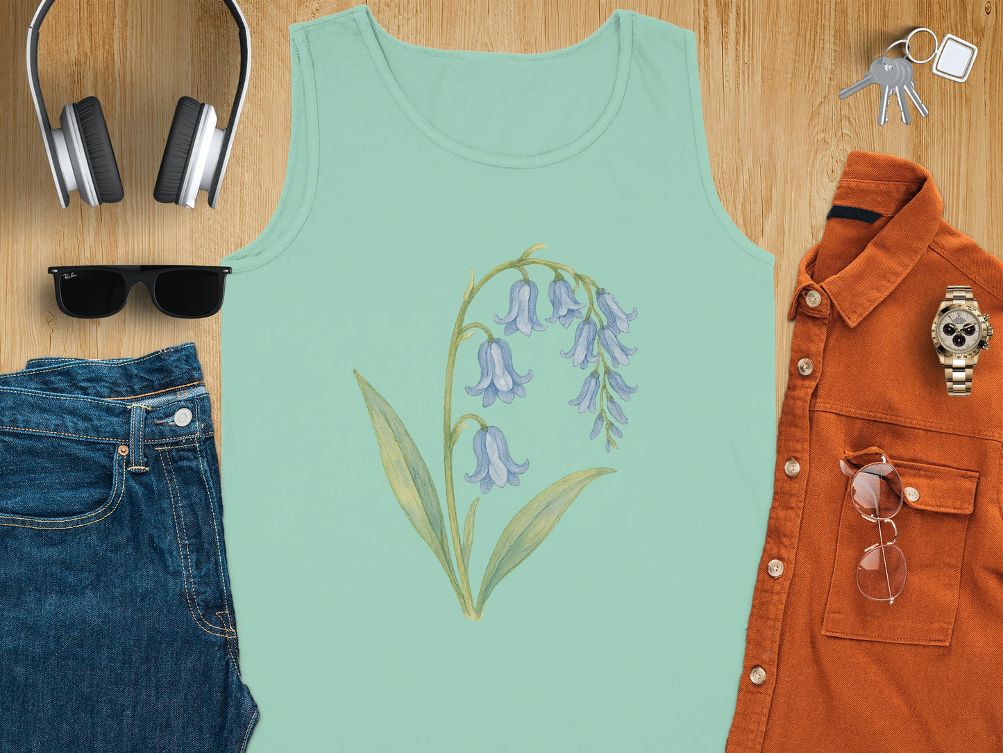 Elegant Mint Tank Top with Bluebell Floral Design product