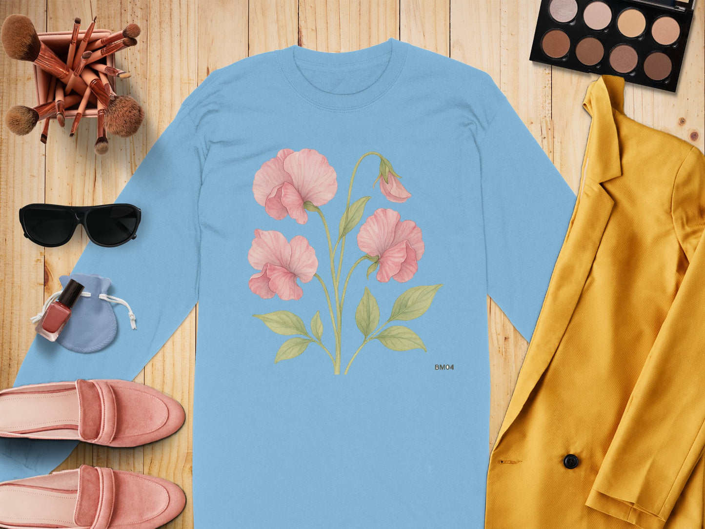 Pink Floral Graphic on Light Blue Long-Sleeve Shirt product