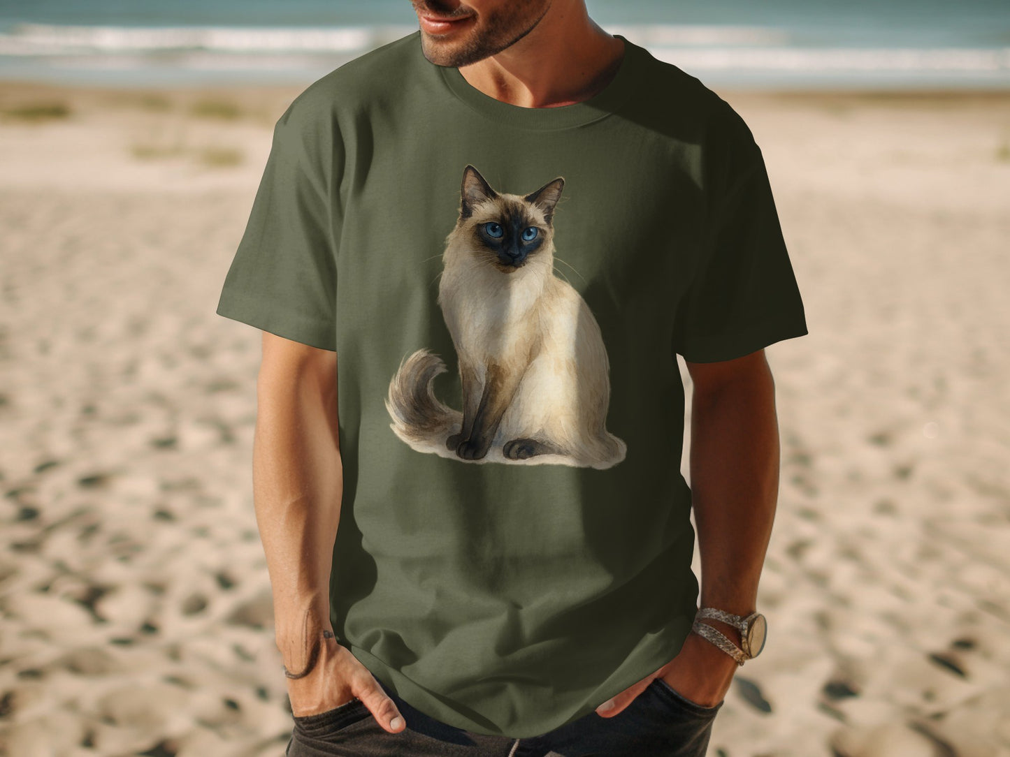 Stylish Green T-shirt with Siamese Cat Print product type